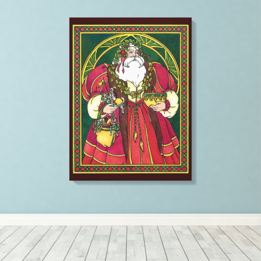 ビンテージクリスマス、ホーリーの葉のサンタクロース キャンバスプリント (インサイチュ (ウッドフロア))