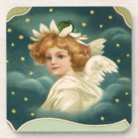 ビンテージクリスマス、ヴィクトリアン天使と金の星 コースター (正面)