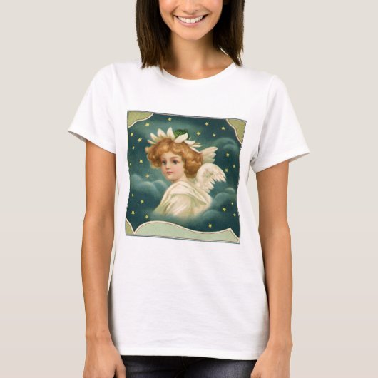 ビンテージクリスマス、ヴィクトリアン天使と金の星 Tシャツ (正面)