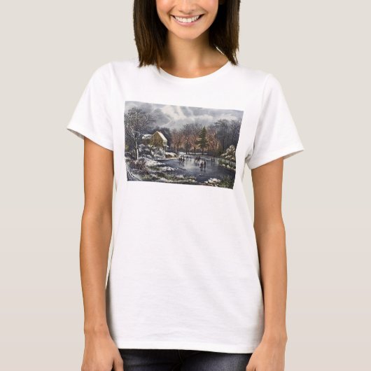 ビンテージクリスマス、冬の初めに氷の池でスケートを楽しむ人々 Tシャツ (正面)