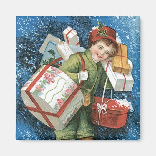 ビンテージクリスマス、冬の雪の中の贈り物を持つ少女 マグネット (正面)