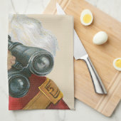 ビンテージクリスマス、双眼鏡を持つサンタクロース キッチンタオル (四つ折り)