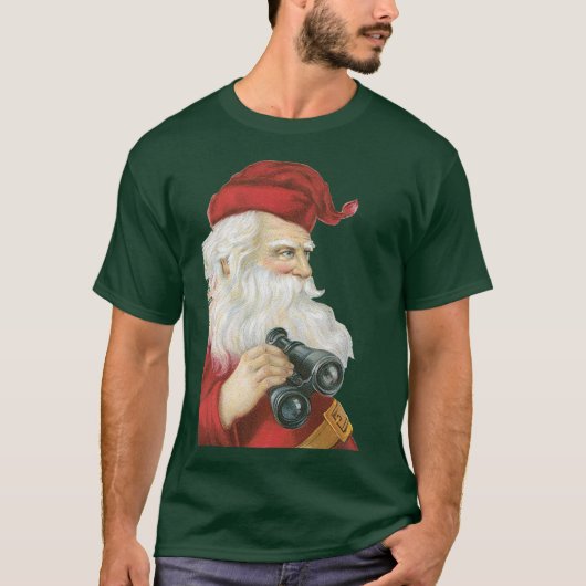 ビンテージクリスマス、双筒望遠鏡を持つサンタクロース Tシャツ (正面)