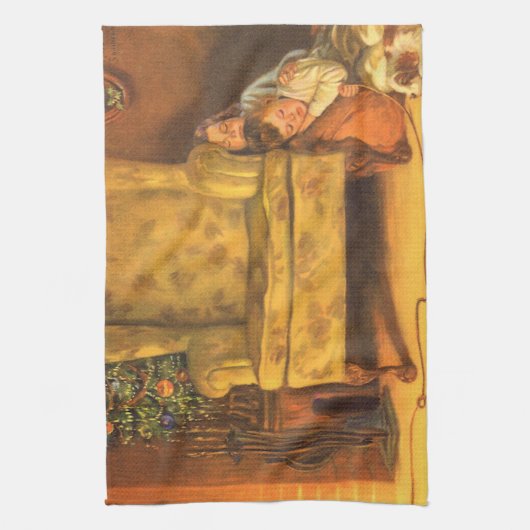 ビンテージクリスマス 子供たち サンタクロースを待つ キッチンタオル (縦)