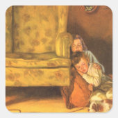 ビンテージクリスマス 子供たち サンタクロースを待つ スクエアシール (正面)