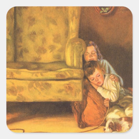 ビンテージクリスマス 子供たち サンタクロースを待つ スクエアシール (正面)