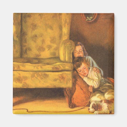 ビンテージクリスマス 子供たち サンタクロースを待つ マグネット (正面)