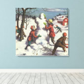 ビンテージクリスマス 子供の雪玉遊び キャンバスプリント (インサイチュ (ウッドフロア))