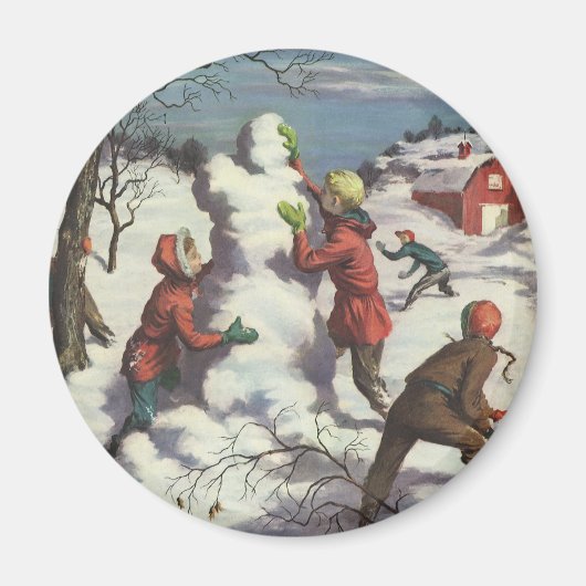 ビンテージクリスマス 子供の雪玉遊び マグネット (正面)