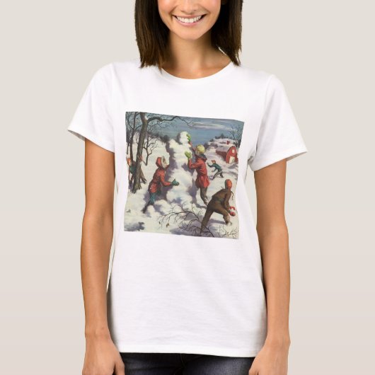 ビンテージクリスマス 子供の雪玉遊び Tシャツ (正面)