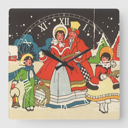 ビンテージクリスマス　家族で歌うクリスマスソング スクエア壁時計 (正面)