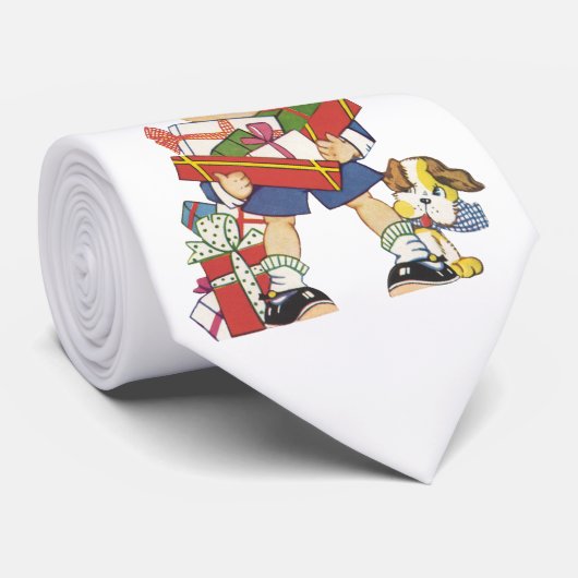 ビンテージクリスマス　少年とプレゼントと子犬 ネクタイ (ロール)