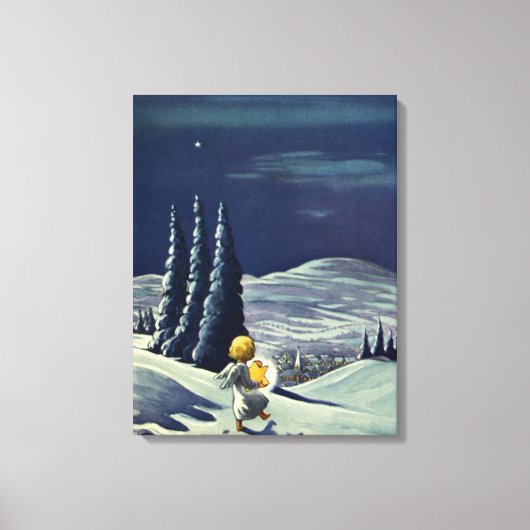 ビンテージクリスマス、星を持つスノーエンジェル キャンバスプリント (正面)