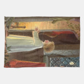 ビンテージクリスマス、暖炉で体を温める子供 キッチンタオル (横)