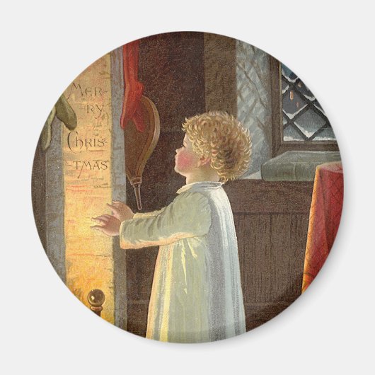 ビンテージクリスマス、暖炉で体を温める子供 マグネット (正面)