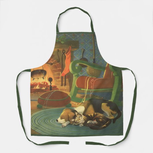 ビンテージクリスマス　暖炉で眠る動物たち エプロン (正面)