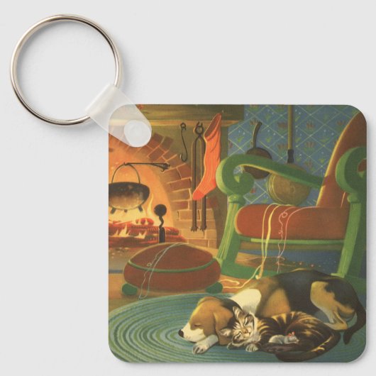 ビンテージクリスマス　暖炉で眠る動物たち キーホルダー (正面)