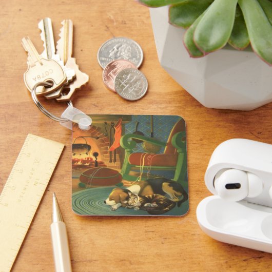 ビンテージクリスマス 暖炉で眠る動物たち キーホルダー (デスク)