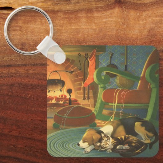 ビンテージクリスマス　暖炉で眠る動物たち キーホルダー (正面)