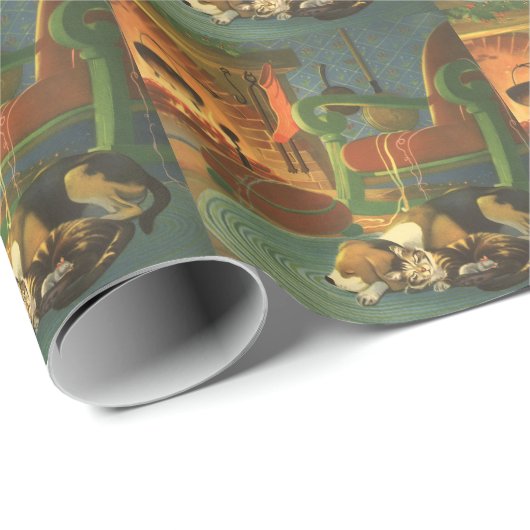 ビンテージクリスマス　暖炉で眠る動物たち ラッピングペーパー (ロールコーナー)