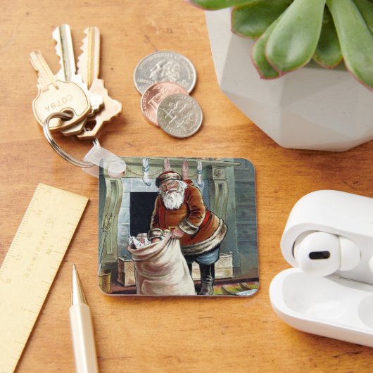 ビンテージクリスマス、暖炉のそばの聖ニコラス キーホルダー (デスク)