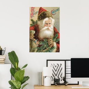 ビンテージクリスマス、松の葉を持つビクトリアンサンタクロース ポスター