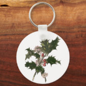 ビンテージクリスマス、緑のホリー植物と果実 キーホルダー (正面)