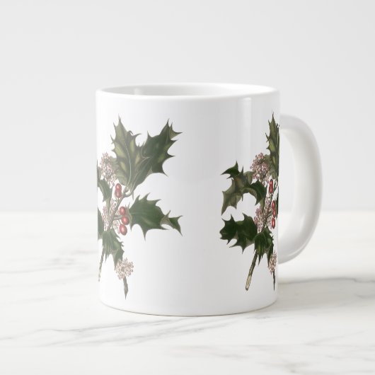 ビンテージクリスマス、緑のホリー植物と果実 ジャンボコーヒーマグカップ (正面右)
