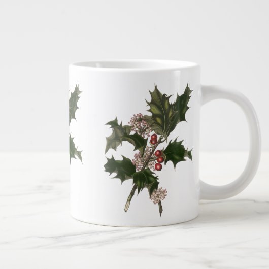 ビンテージクリスマス、緑のホリー植物と果実 ジャンボコーヒーマグカップ (右)