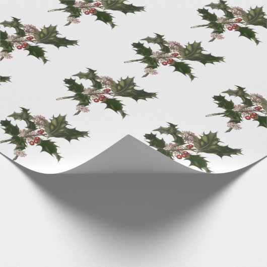 ビンテージクリスマス、緑のホリー植物と果実 ラッピングペーパー (角)