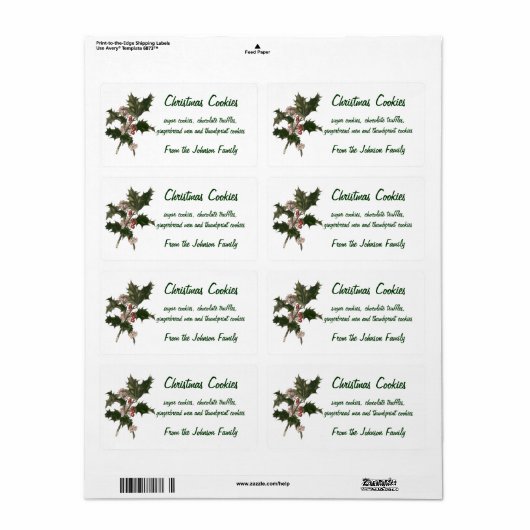 ビンテージクリスマス、緑のホリー植物と果実 ラベル (フルシート)