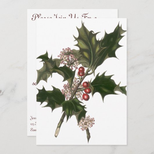 ビンテージクリスマス、緑のホリー植物と果実 招待状 (正面/裏面)