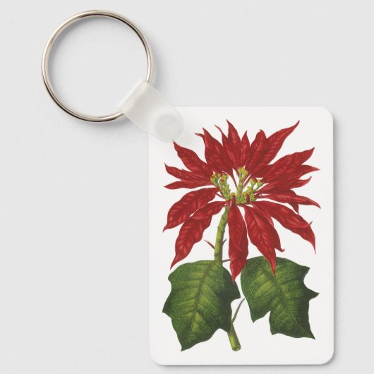 ビンテージクリスマス、赤いポインセチアの冬の植物 キーホルダー (正面)