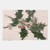 ビンテージクリスマス、赤い実のついたホーリープラント キッチンタオル (横)