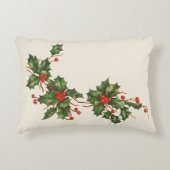 ビンテージクリスマス、赤い実のホーリー植物 アクセントクッション (正面)