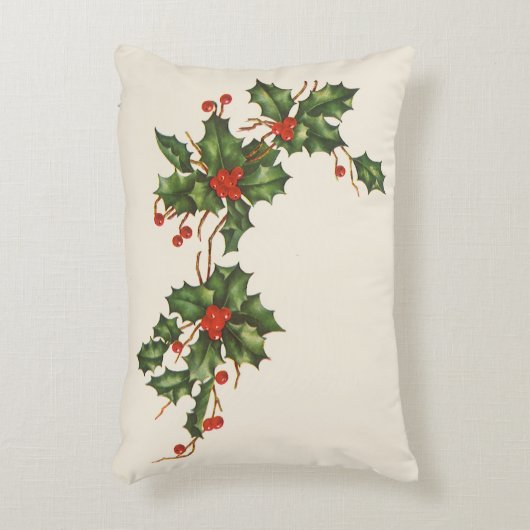 ビンテージクリスマス、赤い実のホーリー植物 アクセントクッション (正面(垂直))