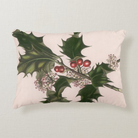 ビンテージクリスマス、赤い果実のホリー植物 アクセントクッション (正面)