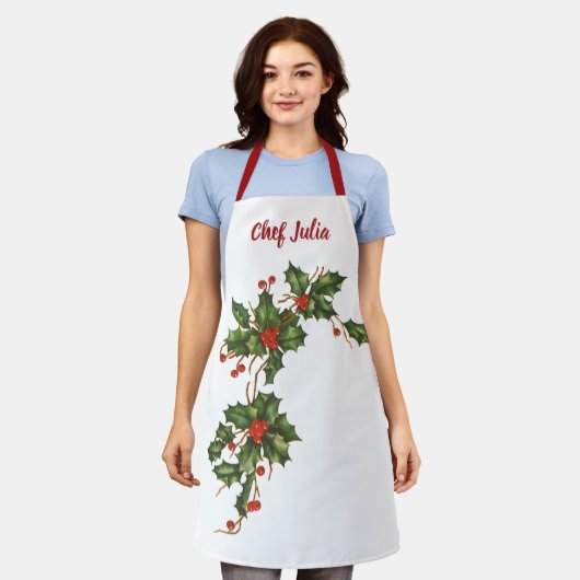 ビンテージクリスマス、赤い果実のホリー植物 エプロン (着用した状態)