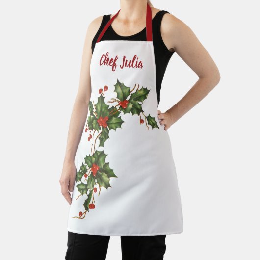 ビンテージクリスマス、赤い果実のホリー植物 エプロン (インサイチュ)
