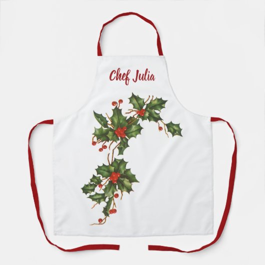 ビンテージクリスマス、赤い果実のホリー植物 エプロン (正面)