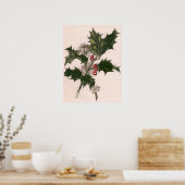 ビンテージクリスマス、赤い果実のホリー植物 ポスター (キッチン)