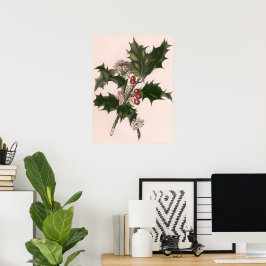 ビンテージクリスマス、赤い果実のホリー植物 ポスター