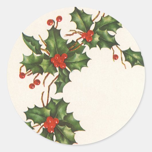 ビンテージクリスマス、赤い果実のホリー植物 ラウンドシール (正面)