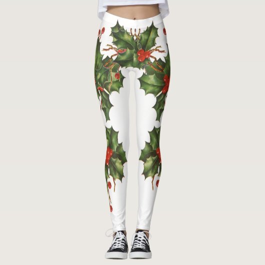 ビンテージクリスマス、赤い果実のホリー植物 レギンス (正面)