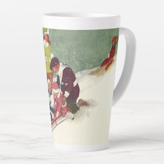 ビンテージクリスマス、雪の中で子供たちがスレッドに乗って遊ぶ カフェラテマグ (右アングル)