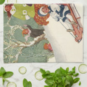 ビンテージクリスマス、雪の中で子供たちがスレッドに乗って遊ぶ キッチンタオル (折り畳み)