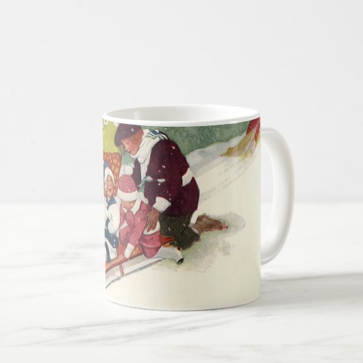 ビンテージクリスマス、雪の中で子供たちがスレッドに乗って遊ぶ コーヒーマグカップ (正面右)