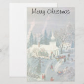 ビンテージクリスマス、雪の中を教会へ向かう人々 便箋 (正面/裏面)