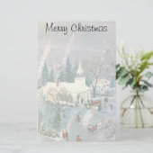 ビンテージクリスマス、雪の中を教会へ向かう人々 便箋 (スタンド正面)