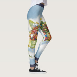 ビンテージクリスマス、飛行機を操るサンタクロース レギンス